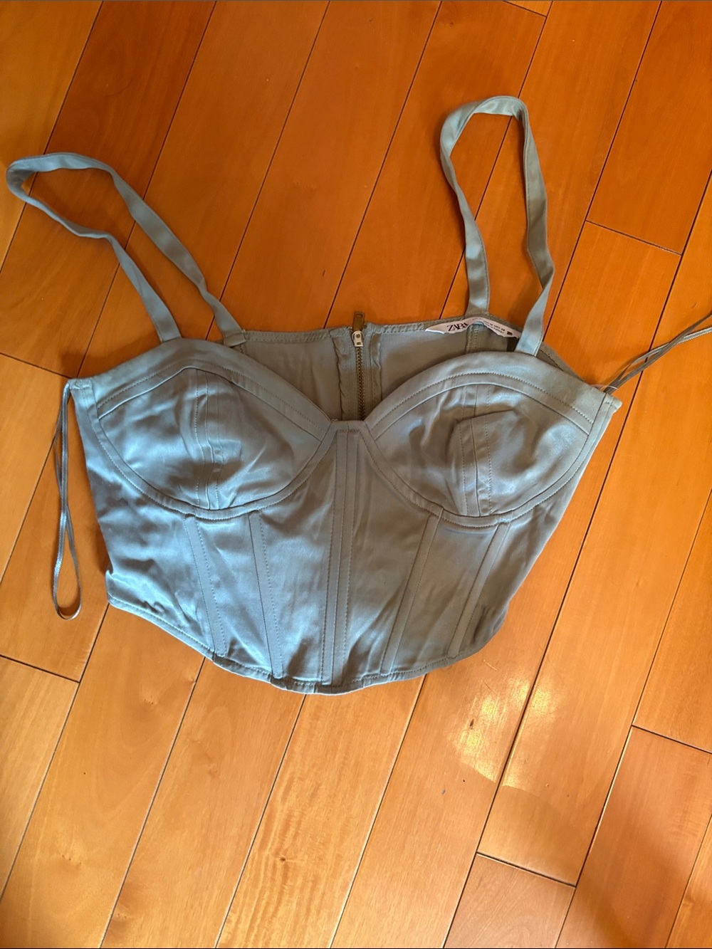 Zara Pale Blue Structured Satin-Look Bustier Crop Top